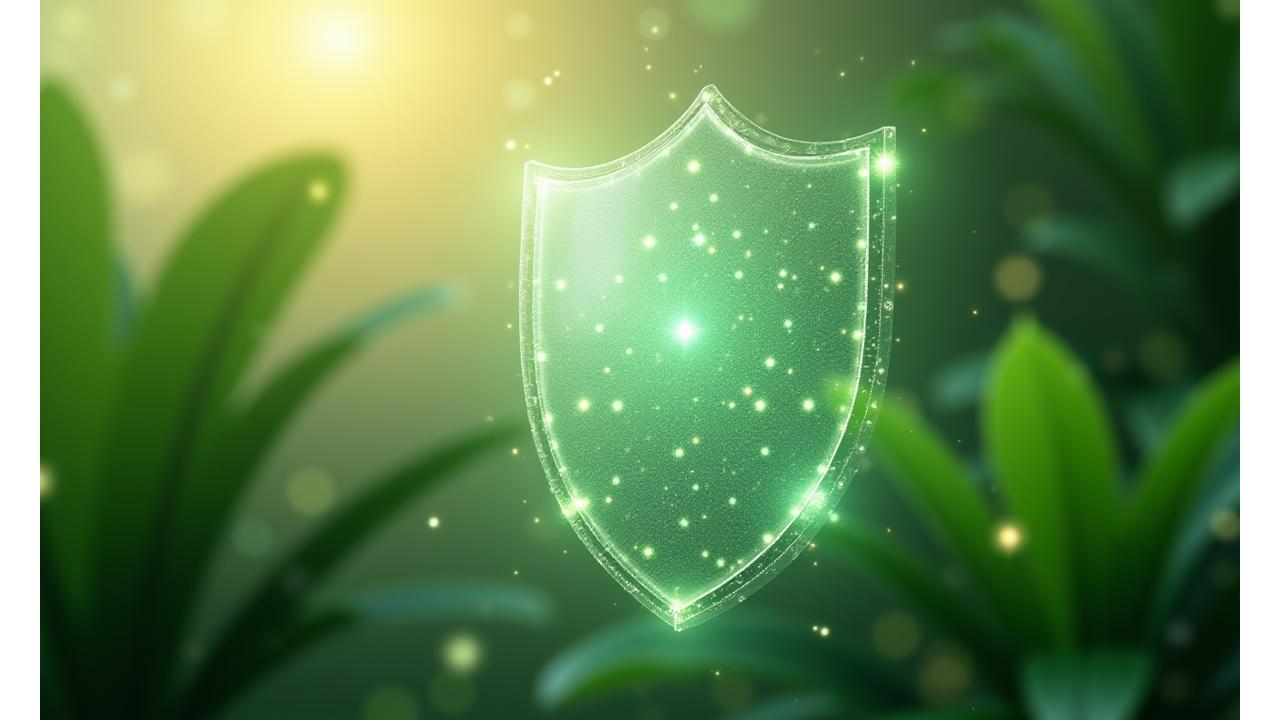 Abstract illustration of data privacy and security, with glowing data streams within a protective shield, set against a AetherGreenosol, natural backdrop.